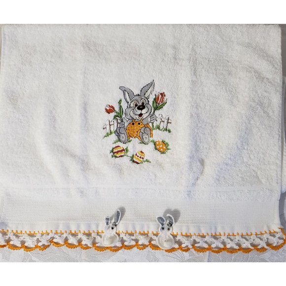 Embroidered Crochet Knit Easter Eggs and Bunny Towel decoration - Picture 1 of 7